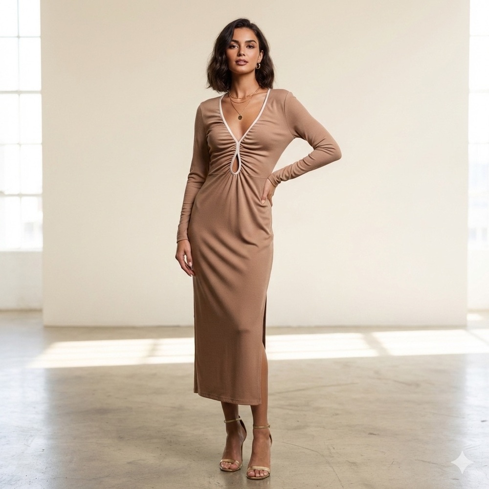Abercrombie & Fitch Long Sleeve Keyhole Midi Dress w Slit in Tan w White Trim